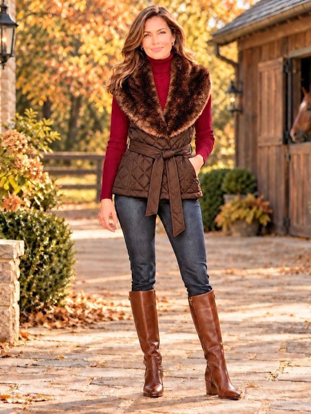 Lauren Ralph Lauren Quilted Vest M Brown Faux Fur Collar Quiet Luxury Old Money